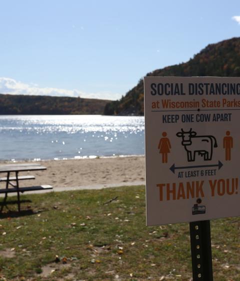 Social distancing sign at Wisconsin park