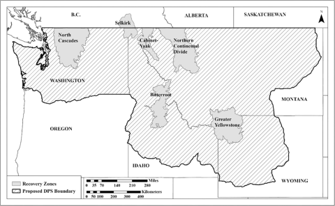 Proposed lower 48 grizzly bear DPS boundary, overlaid with current recovery zones