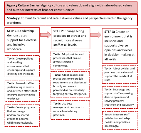 An example of a barrier, strategy, steps, and tactics developed to engage and serve broader constituencies.