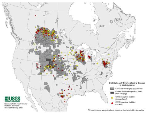 Map showing distribution of chronic wasting disease in North America