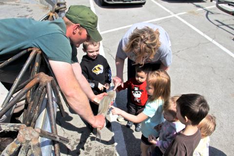 Missouri Department of Conservation staff displays a pallid sturgeon to a group of children
